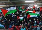October 2023, fans display solidarity with people of Gaza and Palestine at Derry City's game against Shelbourne at the Brandywell. Photo: George Sweeney