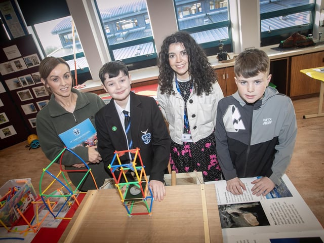 Enjoying a visit to the Geography Department on Saturday are Mrs. Kerry McLaughlin and son Cole (Faughanvale PS). On left is Miss Beth Donaghey, teacher and Caiden McCay, student.