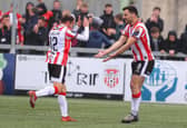 Pat Hoban celebrates with Paul McMullan after scoring against Waterford earlier in the season. (Photo: Kevin Moore)
