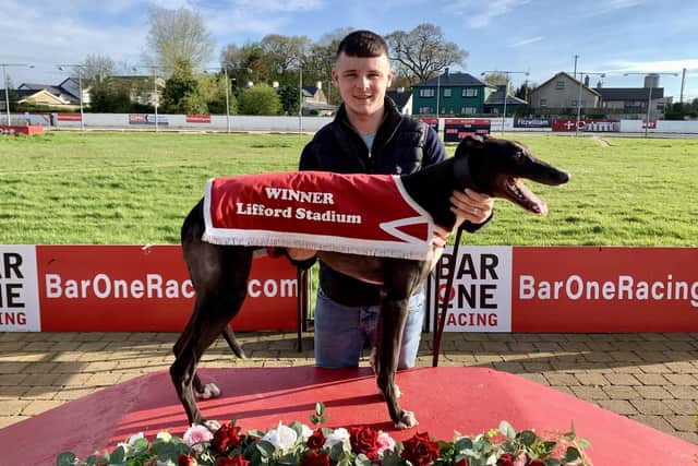 The NW Greyhound Supplies A2/A3 Heat 1 (525 yards) was won by 'Quivers Nando', pictured with Tom Mullan.