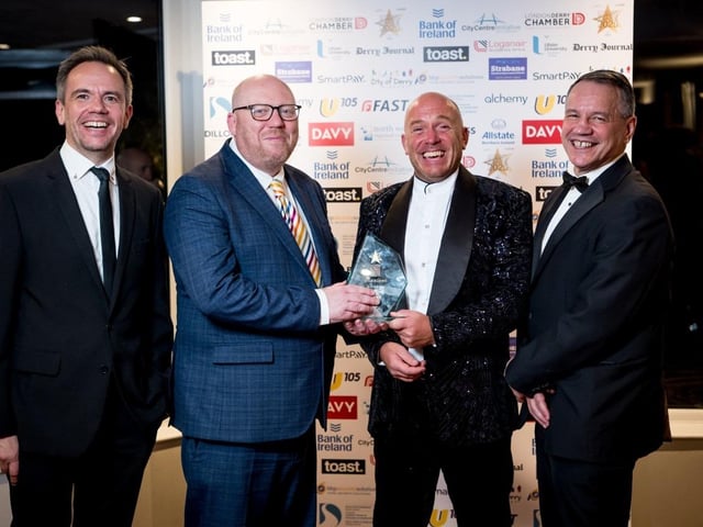 Joint Winner of the Small Business of The Year Award, Cellofella, pictured with James Huey, Board Member at City Centre Initiative; Steven Lindsay, Vice President of Londonderry Chamber of Commerce; and Peter McVerry of U105 who sponsored the award