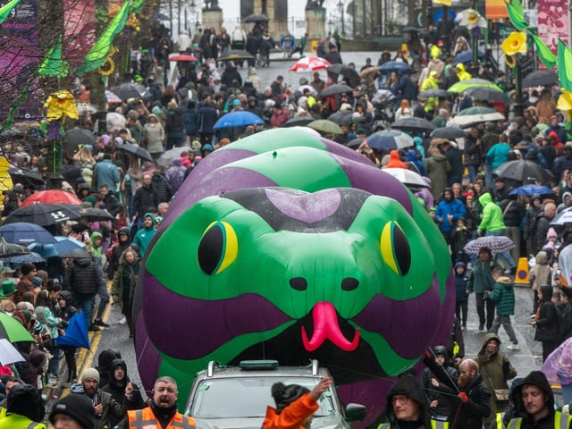 The annual St. Patrick’s Day Spring Carnival took to the streets of Derry on Tuesday as the annual celebration brought entertainers into the city centre before a parade watched by thousands made its way down Shipquay Street past the historic Guildhall. Picture Martin McKeown. 17.03.26