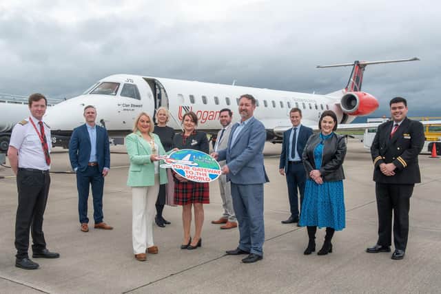 Mayor Sandra Duffy with City of Derry Airport managing director Steve Frazer and representatives from Loganair, Tourism NI and local Chambers launching the new Heathrow service.