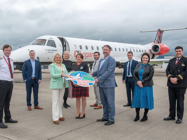 Mayor Sandra Duffy with City of Derry Airport managing director Steve Frazer and representatives from  Loganair, Tourism NI and local Chambers launching the new Heathrow service.
