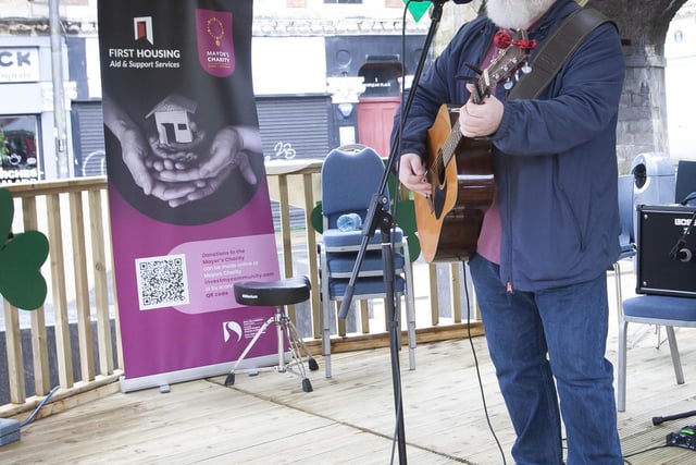 Paddy Nash entertaining the crowd at the Mayor’s First Housing Aid & Support Services 24 Hour Busking event at Guildhall Square on Saturday morning.