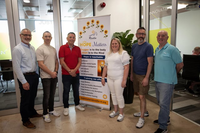 Keynote speaker at last week's 'Fathers and Perinatal Mental Health' specialist training workshops in Derry, Mark Williams, pictured with from left, Daniel Rowan, Stephen Sweeney, Mandy Chism, specialist trainer, Resilio, Colm Starkie and Andy Patton.