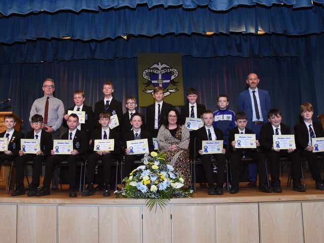 Year 8 Attendance Award Winners 2022 2023 pictured at the St. Columb’s Annual Prizegiving last week with Mr T McGonigle, Senior Teacher, Mrs C McLaughlin and Mr D Marlow, Year Head.