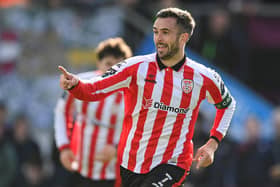 Michael Duffy of Derry City celebrates after scoring his side's first goal during the Club Orange Men's FAI Cup semi-final match between Galway and Derry City at Eamonn Deacy Park in Galway. Photo by Stephen McCarthy/Sportsfile