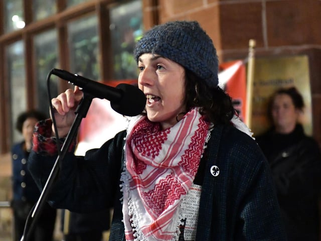 Maeve O'Neill, People Before Profit, speaking at the Rally for Women's Safety held in the Guildhall Square on Friday evening. Photo: George Sweeney