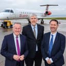 Economy Minister Conor Murphy and Infrastructure Minister  John O’Dowd with  Steve Frazer, Managing Director, City of Derry Airport, at the announcement of funding to protect the continuation of flights from the airport to London Heathrow. Credit Lorcan Doherty