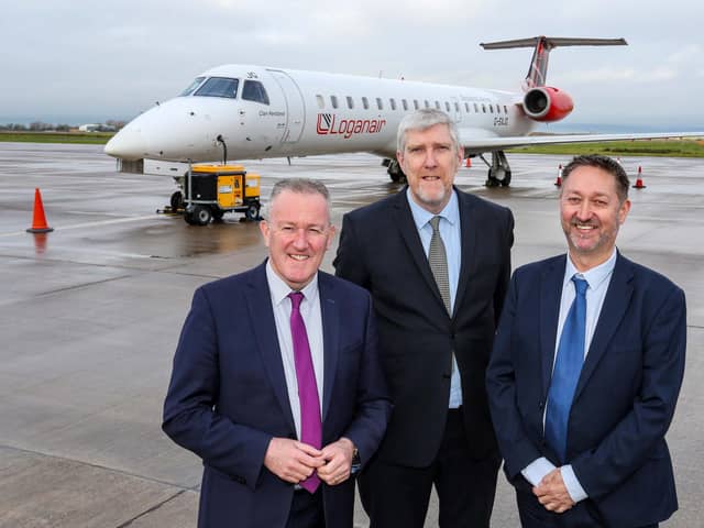 Economy Minister Conor Murphy and Infrastructure Minister  John O’Dowd with  Steve Frazer, Managing Director, City of Derry Airport, at the announcement of funding to protect the continuation of flights from the airport to London Heathrow. Credit Lorcan Doherty