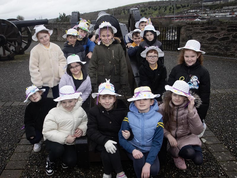 Pupils from Gaelscoil Eadain Mhoir pictured before taking part in Feile Derry's Easter Bonnet Parade on Tuesday.
