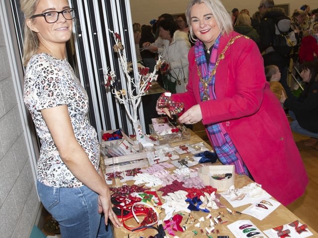 Mayor, Sandra Duffy checking out the wares at Sandra Smith’s stall on Saturday at St Mary’s College.