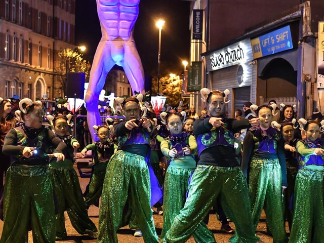 Derry’s ‘City of the Bones’ Halloween carnival parade makes its way along Strand Road on Friday evening.  Photo: George Sweeney