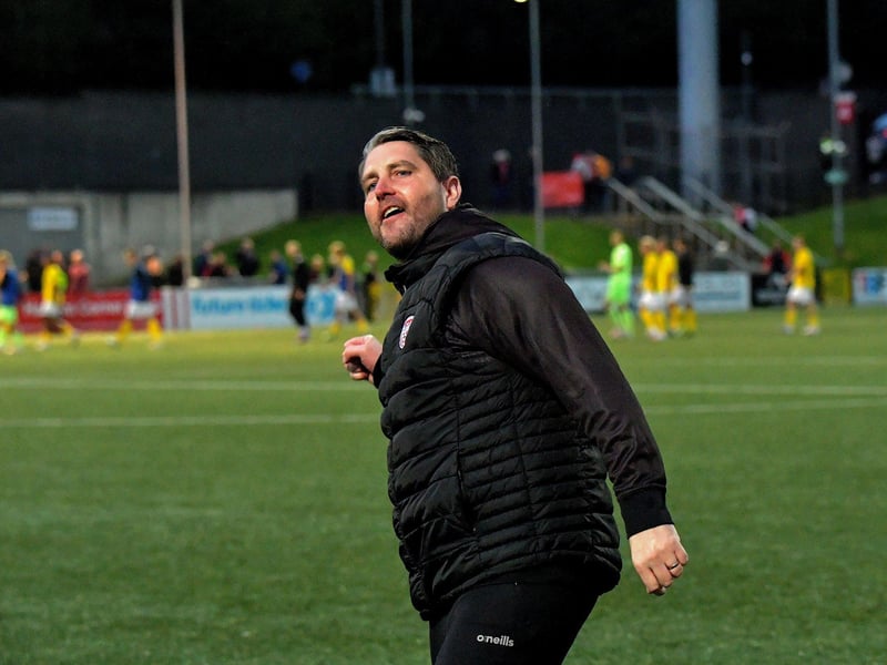 July 2023: Derry City manager Ruaidhri Higgins salutes the fans at the end of the Europa Conference League game against KuPs at the Brandywell. Photo: George Sweeney.