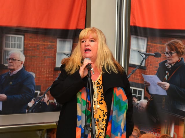 Maeve McLaughlin, Bloody Sunday Trust, speaking at the Order of Malta Exhibition launch in the Museum of Free Derry on Monday evening last. Photo: George Sweeney. DER2305GS – 57