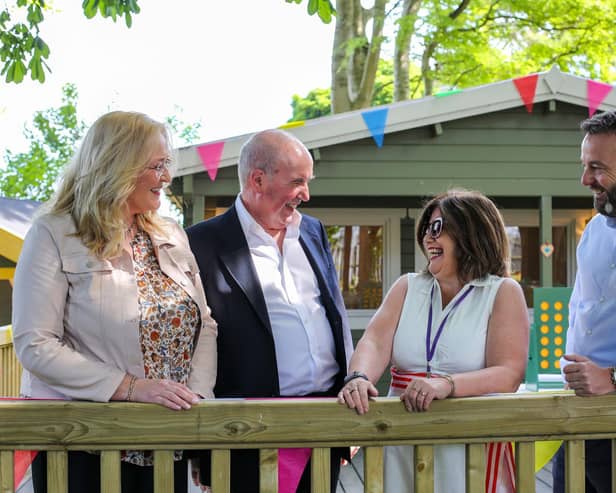 Credit ©Lorcan Doherty : Lorraine Gallen, National Lottery Community Fund, Paul Sweeney, Northern Ireland Chair of the National Lottery Community Fund, Marie Brown, Chief Executive Officer of Foyle Women’s Aid and Colum Eastwood MP.