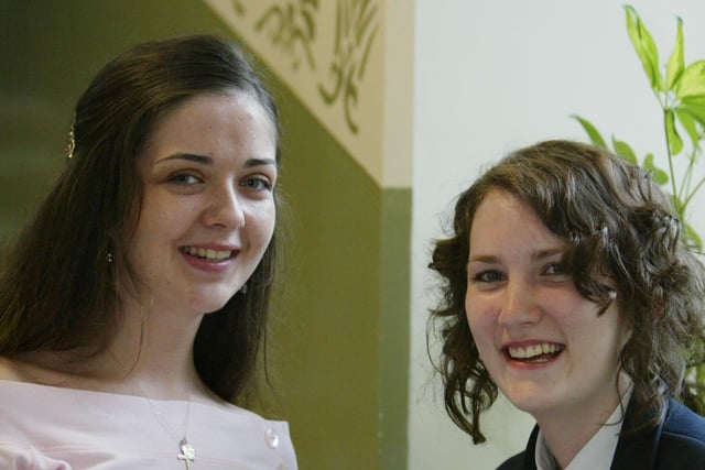 Mairead McGilloway (left), from Glenowen Park, Derry, and Emer Blee, from Strabane, both pupils at Lumen Christi College, who achieved first place in English Literature in Britain and Northern Ireland in this week's GCSE examination results
