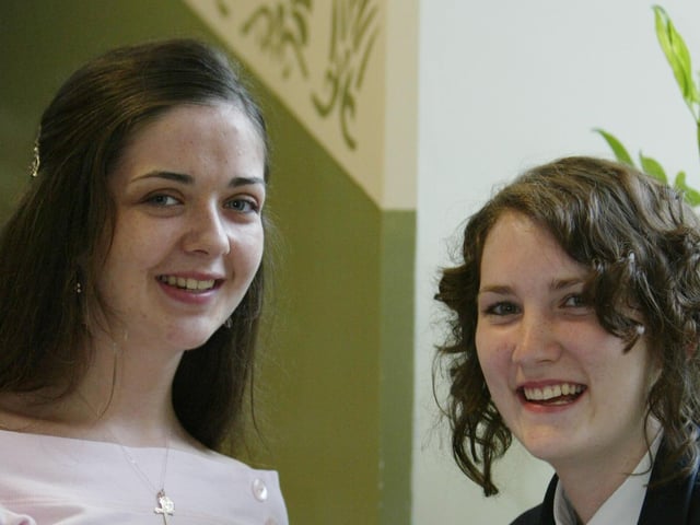 Mairead McGilloway (left), from Glenowen Park, Derry, and Emer Blee, from Strabane, both pupils at Lumen Christi College, who achieved first place in English Literature in Britain and Northern Ireland in this week's GCSE examination results