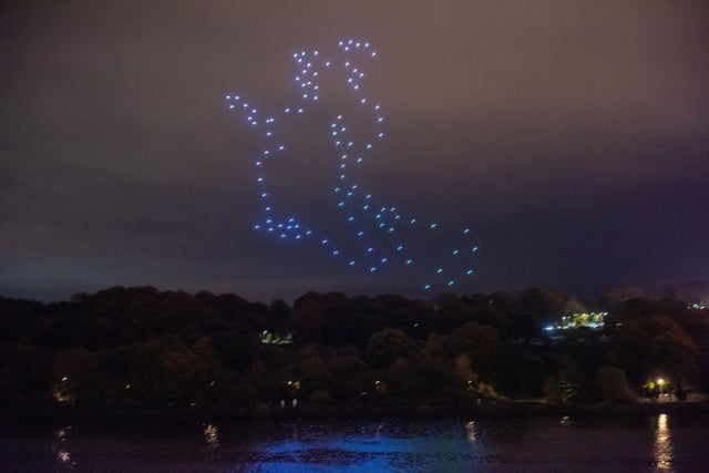 The Drone display over the River Foyle in Derry-Londonderry which was a forts for the city. Picture Martin McKeown. 31.10.23