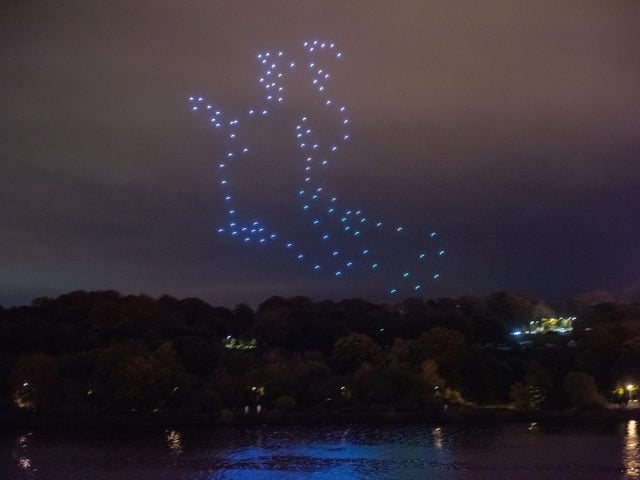 The Drone display over the River Foyle in Derry-Londonderry which was a forts for the city. Picture Martin McKeown. 31.10.23