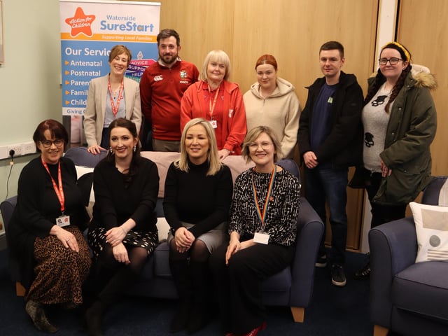 Photo shows (seated, L-R) Louise Kearney, Action for Children, DFM Emma Little-Pengelly, FM Michelle O’Neill, Action for Children NI Director Lorna Ballard. Back row, from left features Ruth-Ann Delija (AFC), parent Patrick O’Neill, Karen Tayor (AFC), parents Natasha McLaughlin, Caolan Boyle and Joanne O’Neill.