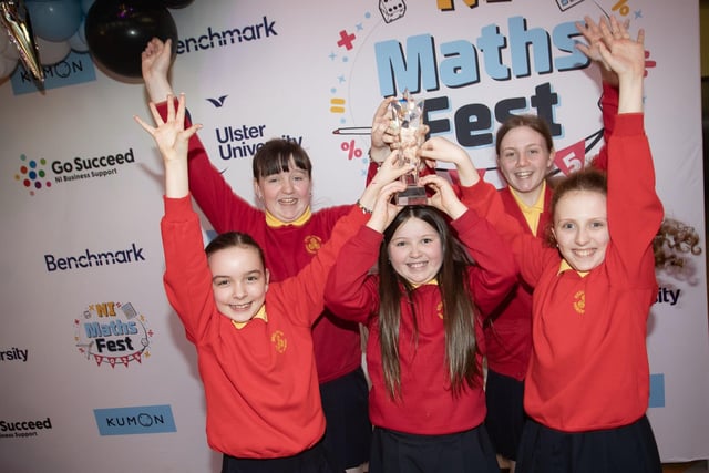MATHS FEST CHAMPIONS!. . . .The jubilant Steelstown Primary School pupils celebrating their success on Friday. (Photos: Jim McCafferty Photography)
