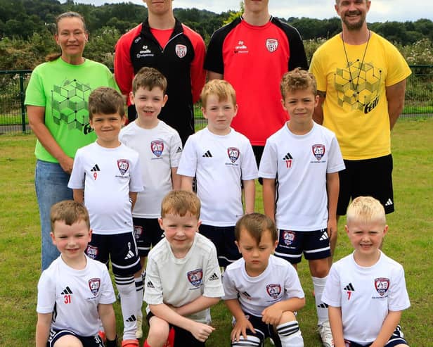 Core Soccer U7 team who took part in the Féile Ryan McBride Cup held in the Daisy Field. Standing from left, are Lorraine Kivelehan, Stephen Coyle, Cat McGlynn and Conor Bradley. (Photo - Tom Heaney, nwpresspics)