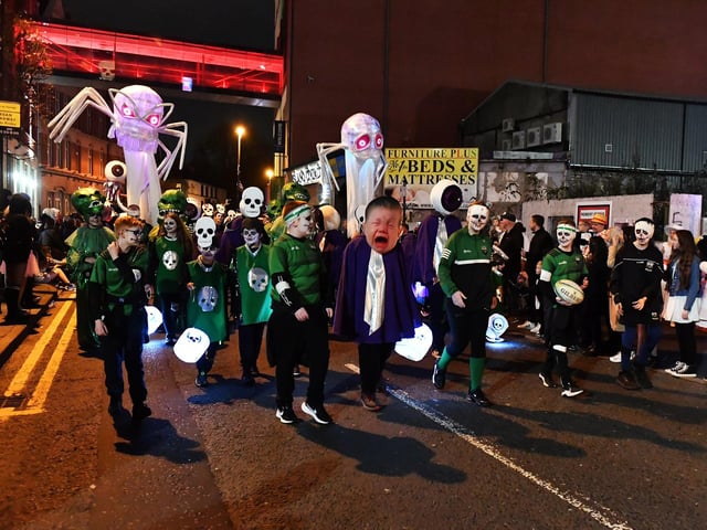 The ‘Carnival of the Dead’ Halloween parade makes its way along Strand Road. Photo: George Sweeney