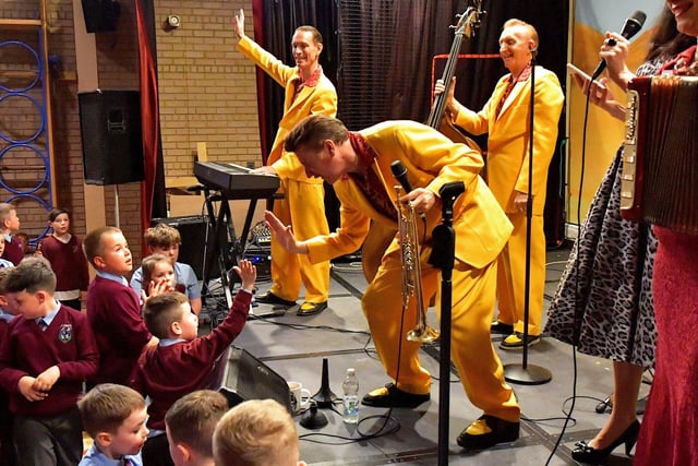 The Jive Aces open the 2023 Jazz Festival with a performance in St St John’s Primary School on Thursday afternoon. Photo: George Sweeney.  DER2317GS – 25