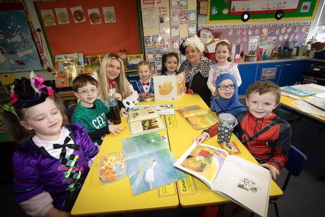 Miss Morrison and Mrs. Feeney with P1 pupils Alana, Matthew, Mia, Robyn, Annie, Conor and Tony at Greenhaw PS.