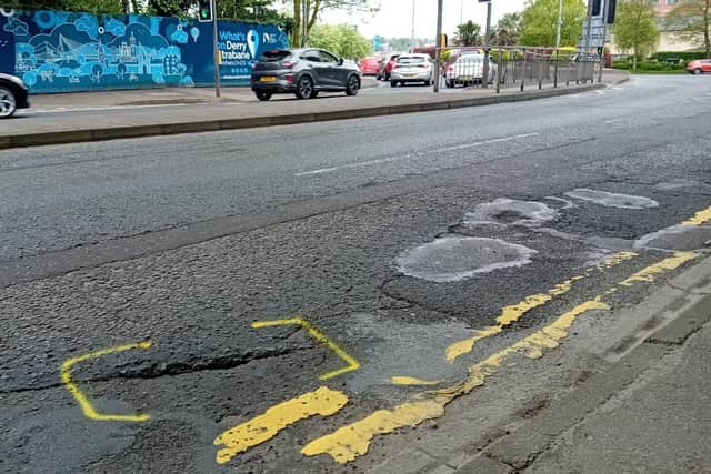 Road defects on the Strand Road on May 3, 2024.