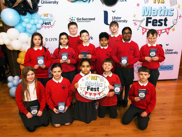 Lisnagelvin Primary School pupils pictured at the Foyle Kumon NI Maths Fest in the Guildhall. : .