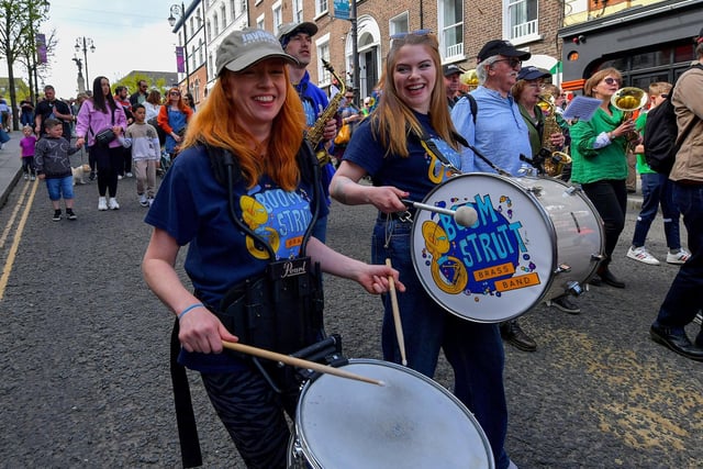 Members of the Boom Strut Brass Band take part in the Jazz Festival’s Second Line Parade, on Shipquay Street, on Saturday afternoon.  Photo: George Sweeney.  DER2317GS – 142