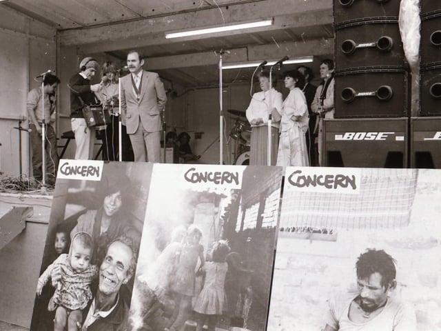 On stage at Live Aid in the Guildhall.