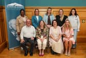 Seated (from left) Andrew McCartney, board member, Martin McGuinness Peace Foundation; The Mayor of Derry and Strabane, Grace Uí Niallais; Bernie McGuinness; and Leona McGuinness. Standing (from left) bursary recipients Olayinka Oduwale, Catriona Dunleavy, Shona Quigley, Louise Downey and Alex McLaughlin.