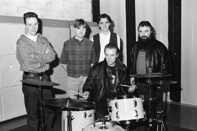 Larry Mullen Jr. during a visit to the Big River recording studio with The Carrellines, from left, Damian Duffy, Billy Doherty and Paul McLoone.