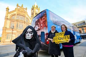 Aircoach, the leading private coach and bus operator, has been announced as official travel partner of Derry Halloween. Running from the 28th to 31st October, the event is organised by Derry City and Strabane District Council and is Europe’s largest Halloween Festival. Aircoach will help transport visitors arriving into and from across Ireland to the Festival on specially branded Scarecoaches on its popular 705X route, as well as operating a Scarecoach Shuttle Service for community participants taking part in the main parade on Halloween night.  Seats on the Scarecoaches can be booked online at www.aircoach.ie Pictured at the partnership announcement are Aeidin McCarter, Head of Culture, Derry City and Strabane District Council (R) and Kim Swan, Managing Director, Aircoach (L) along with the Derry Halloween’s Walter DeBurgh