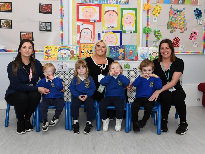 Miss McDevitt, centre, with her Sunshine Room P1 class at Chapel Road Primary School.  Included in the photo are classroom assistants Mrs Duddy and Miss Mills.