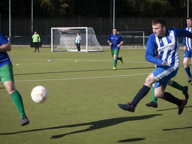 Coleraine Strikers on the attack against Destined FC in the final of the Peace Games competition, which took place at the Foyle Arena last Friday.