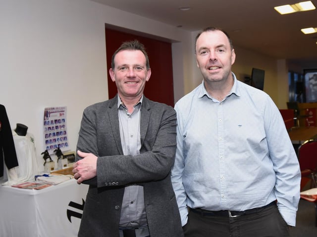 Seamus Lagan and Michael McMullan enjoying the evening in Owenbeg on Friday.