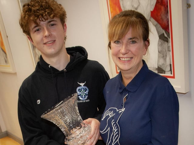 Caolan Doherty, winner of The McCarroll Prize for English pictured with his proud mum Ann at the St. Columb's College Senior Prizegiving.