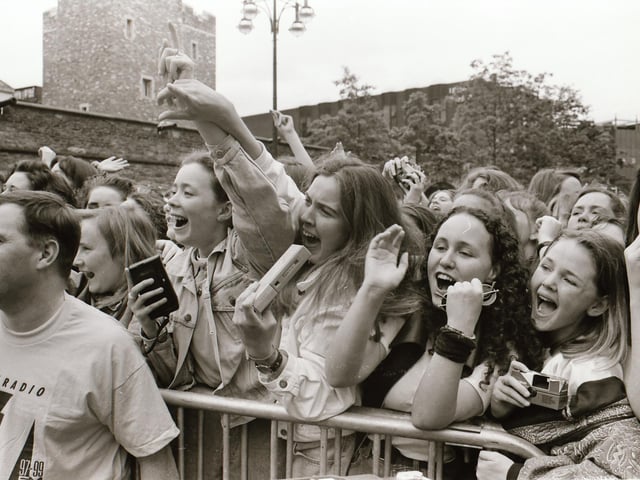 Ecstatic fans enjoying the BBC Radio 1 roadshow in 1993.