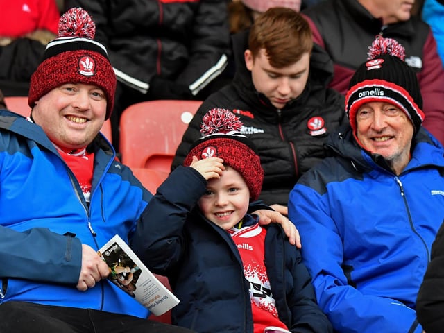 Fans at Derry’s NFL game against Galway at Celtic Park on Saturday evening. Photo: George Sweeney