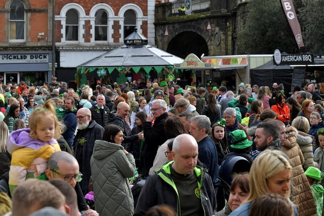 Legenderry Delights at Guildhall Square 1pm - 6pm: Irish-inspired cuisine will be available from some of the north west's traders including Lo&Slo, Doherty’s Meats, La Tia Juanas and Offing Coffee. Pictured is a section of the large attendance in Guildhall Square for last year's Derry’s St Patrick’s Day activities. Photo: George Sweeney. DER2311GS – 33