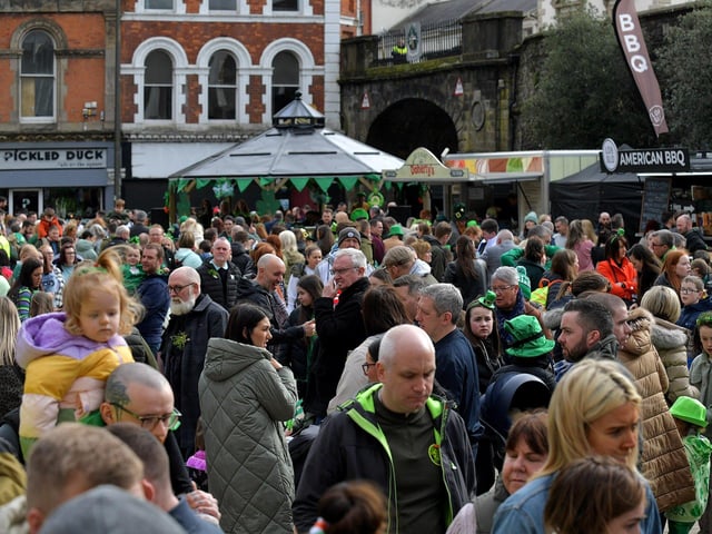 Legenderry Delights at Guildhall Square 1pm - 6pm: Irish-inspired cuisine will be available from some of the north west's traders including Lo&Slo, Doherty’s Meats, La Tia Juanas and Offing Coffee. Pictured is a section of the large attendance in Guildhall Square for last year's Derry’s St Patrick’s Day activities. Photo: George Sweeney. DER2311GS – 33