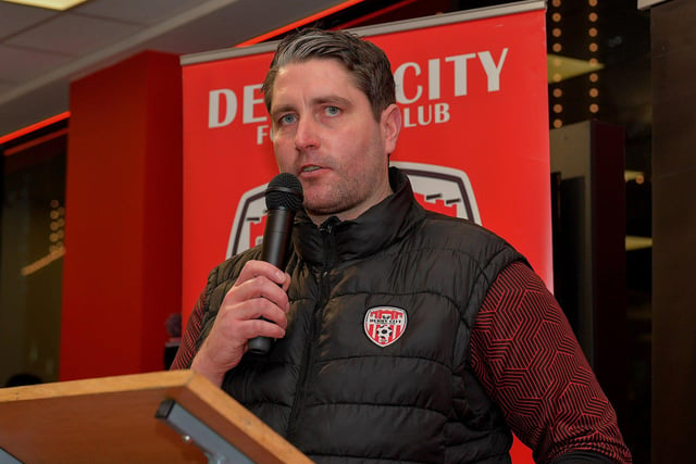 Derry City manager Ruaidhrí Higgins speaking at the launch of Derry City’s 2024 home shirt at O’Neill’s superstore on Wednesday evening. Photo: George Sweeney