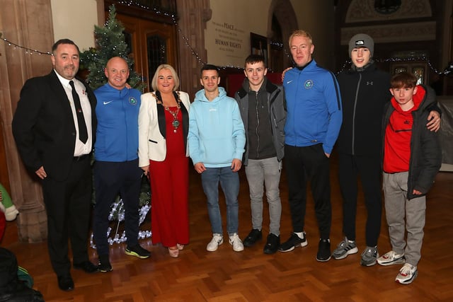 Mayor Sandra Duffy at the Ulster Elite Boxing Finals with members of St. Joseph's ABC. From left, are Kevin Duffy, President, Ulster Boxing Council, Liam McLaughlin, and from right, Tony Cox, Fionn Duffy, Cahir Duffy, Tiarnan Glennon, and Blain Dobbins. (Photo - Tom Heaney, nwpresspics)