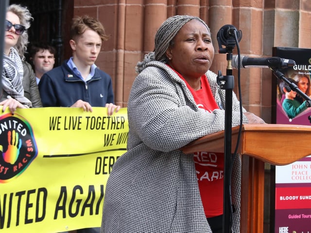 Beverly Simpson, UNICEF, speaking at the Unite Against Hate rally - Guildhall Square on Saturday. (Photo - Deirdre Heaney, nwpresspics)
