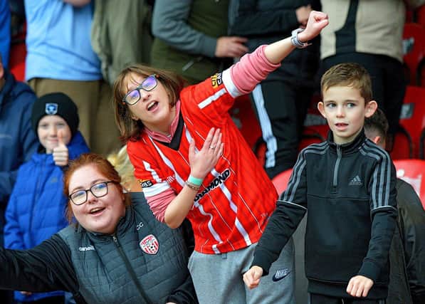 Derry City fans celebrate the Candystripes Extra.ie FAI Cup victory over Treaty United. Picture by George Sweeney. DER2241GS – 033